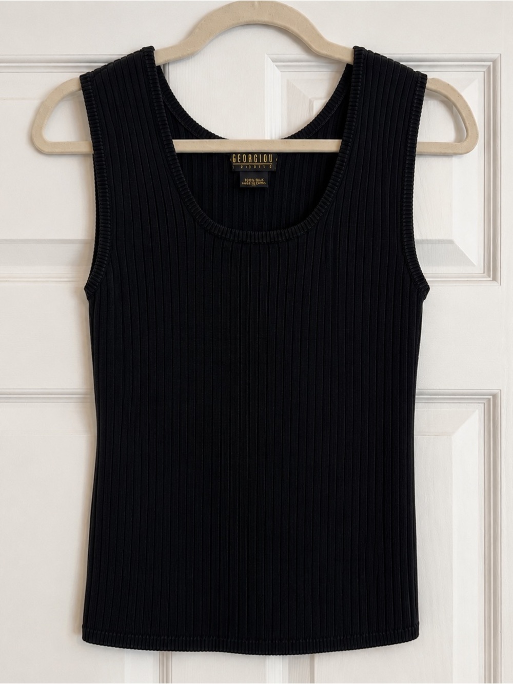 Georgiou Studio 100% Silk Ribbed Tank Top Black Sleeveless M